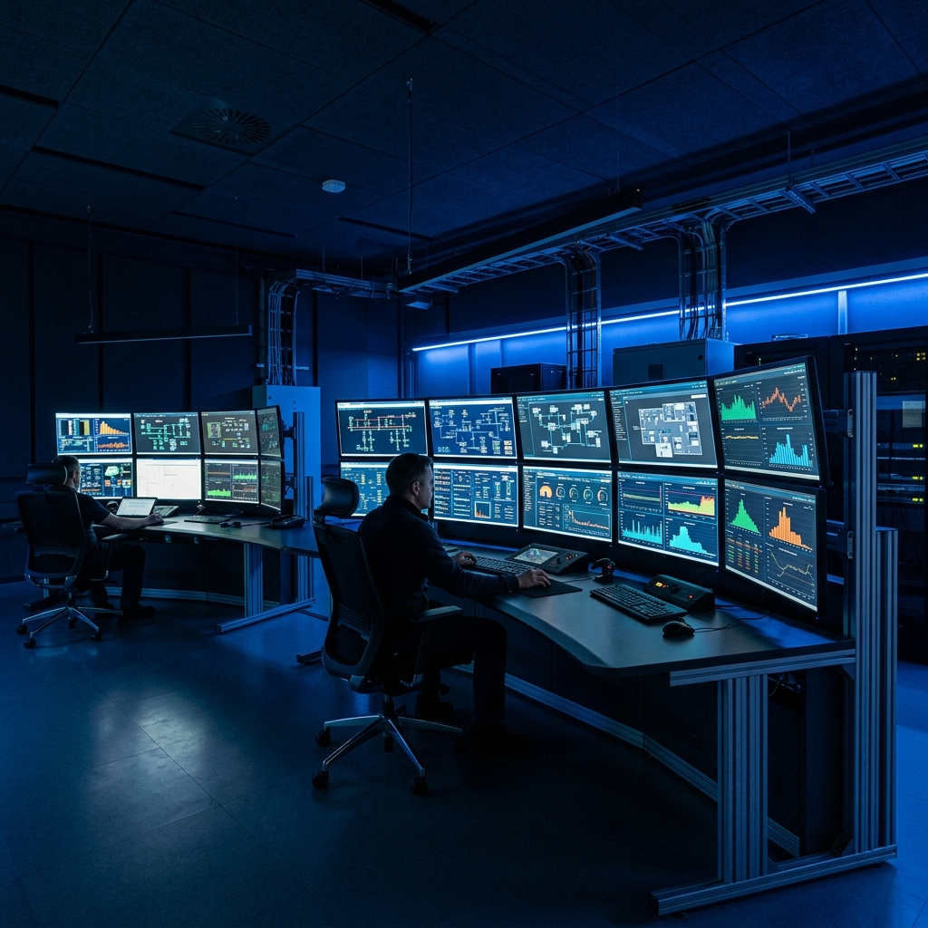 Sala de controle industrial com dashboards de monitoramento em tempo real