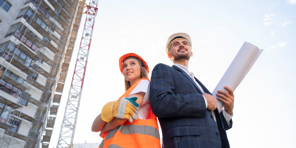 Profissionais da construção civil em obra, destacando a importância da automação e segurança em sistemas industriais.