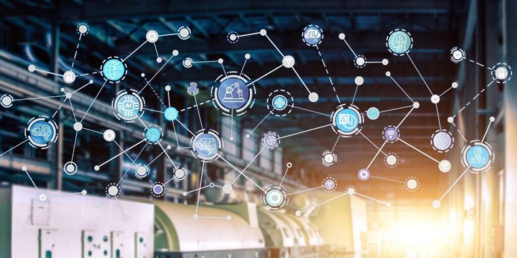 Conexões digitais em ambiente industrial, representando automação, controle e integração de sistemas na Indústria 4.0.