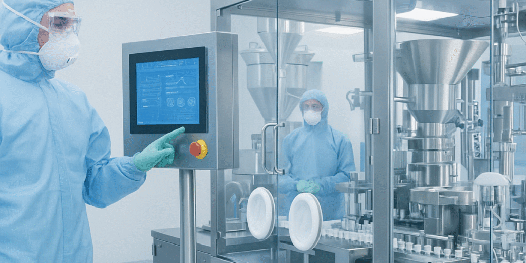 automação em ambientes de alta contaminação operador com equipamentos automatizados em sala limpa farmacêutica