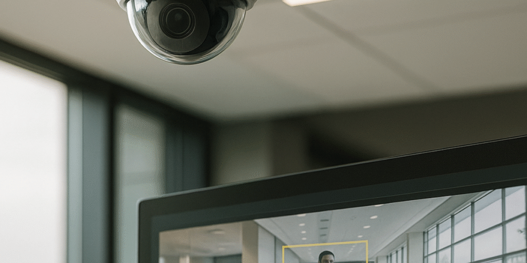 Câmera de segurança em um prédio corporativo com monitor exibindo detecção inteligente por IA, representando automação predial e segurança com monitoramento avançado