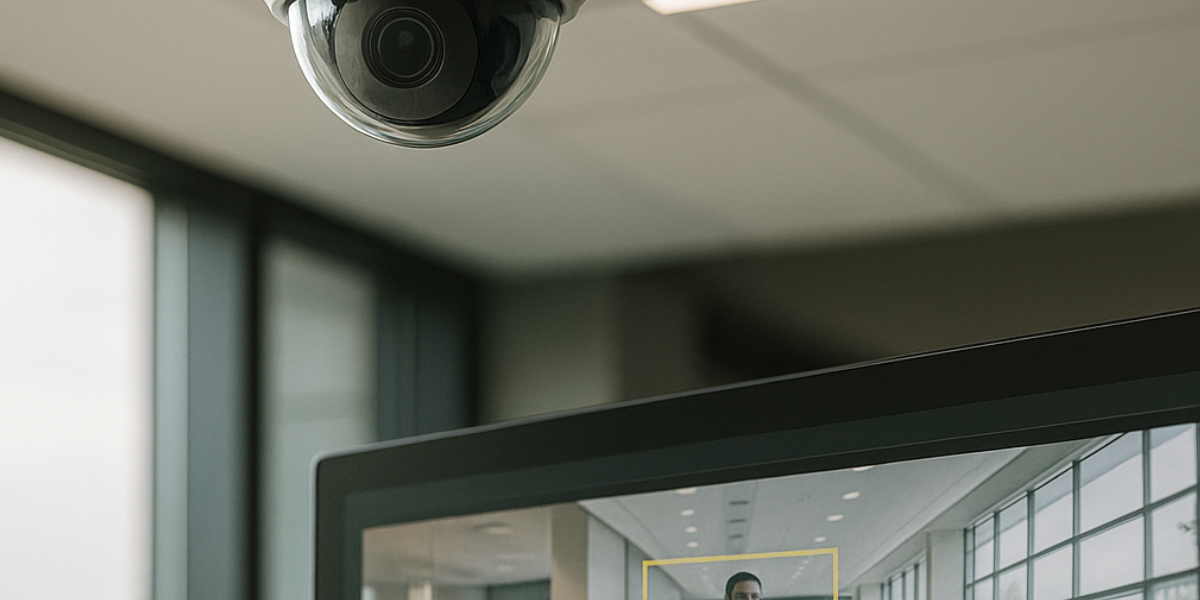 Câmera de segurança em um prédio corporativo com monitor exibindo detecção inteligente por IA, representando automação predial e segurança com monitoramento avançado