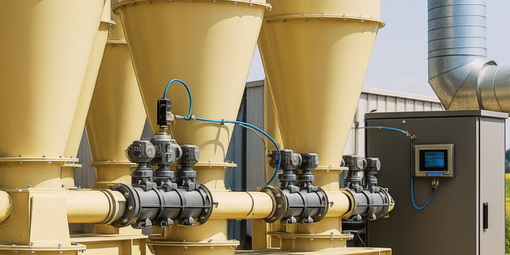 Sistema industrial de filtros de manga com sensores conectados a painel de controle, destacando a Implementação da ISO 50001 com automação para eficiência energética.