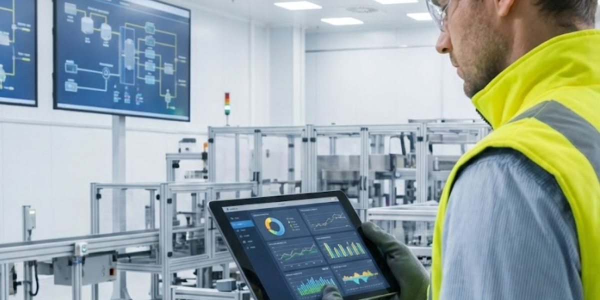 Engenheiro em uma sala de controle industrial moderna analisando múltiplos painéis digitais com interface SCADA, ao lado de um painel PLC organizado com módulos e cabos iluminados.