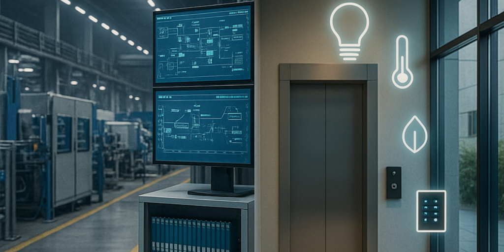 Imagem dividida ao meio, contrastando automação industrial e predial: do lado esquerdo, uma planta industrial moderna com PLCs, painéis SCADA e tubulações; do lado direito, um prédio corporativo inteligente com sensores, iluminação automatizada, sistema BMS e controle de acesso digital.