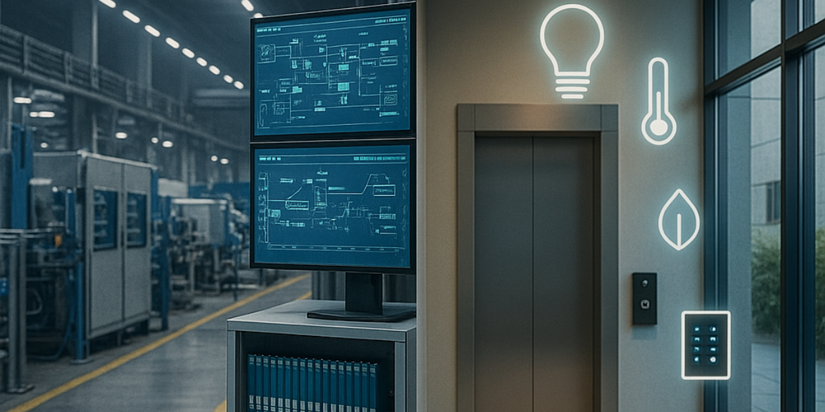 Imagem dividida ao meio, contrastando automação industrial e predial: do lado esquerdo, uma planta industrial moderna com PLCs, painéis SCADA e tubulações; do lado direito, um prédio corporativo inteligente com sensores, iluminação automatizada, sistema BMS e controle de acesso digital.