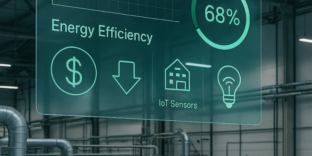 Planta industrial moderna vista parcialmente, com tubulações, motores e passarelas metálicas, acompanhada de um painel holográfico transparente exibindo indicadores de eficiência energética, incluindo gráficos de redução de custos, sensores IoT e ícones de automação inteligente, em tons frios com detalhes verdes que reforçam sustentabilidade e economia.