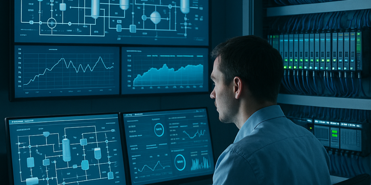 Engenheiro em uma sala de controle industrial moderna analisando múltiplos painéis digitais com interface SCADA, ao lado de um painel PLC organizado com módulos e cabos iluminados.