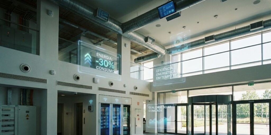 Ambiente interno de edifício corporativo com sistemas de climatização, energia e qualidade do ar monitorados em tempo real, ilustrando BMS em edifícios corporativos de alta performance.