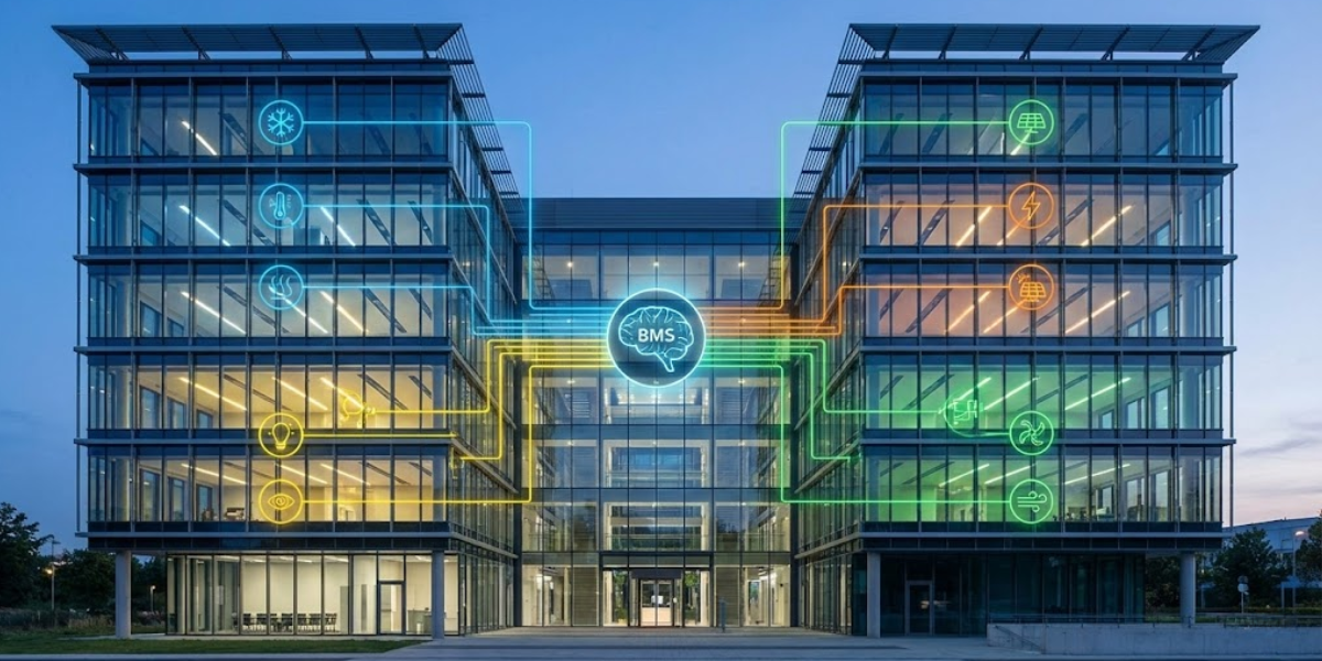 Edifício corporativo moderno com sistemas integrados de BMS, climatização, iluminação e energia, ilustrando eficiência energética em prédios por meio de automação predial inteligente.