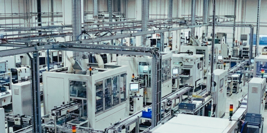 Interior de fábrica moderna demonstrando a automação industrial através de esteiras transportadoras e painéis de controle digitais em pleno funcionamento, sem uso de braços robóticos, focando na eficiência do processo produtivo, algo imprescindível para saber como escolher fornecedores de automação industrial.