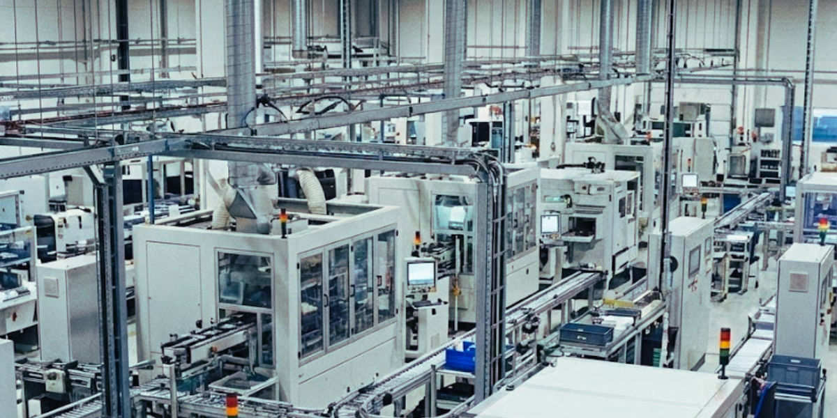 Interior de fábrica moderna demonstrando a automação industrial através de esteiras transportadoras e painéis de controle digitais em pleno funcionamento, sem uso de braços robóticos, focando na eficiência do processo produtivo, algo imprescindível para saber como escolher fornecedores de automação industrial.