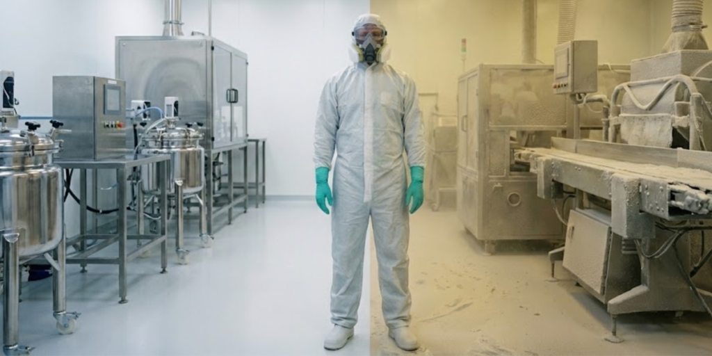 Imagem dividida comparando um ambiente de produção limpo e esterilizado à esquerda com uma área industrial empoeirada e poluída à direita, com um trabalhador usando EPI completo no centro, ilustrando o impacto da qualidade do ar industrial na segurança e no ambiente de trabalho.