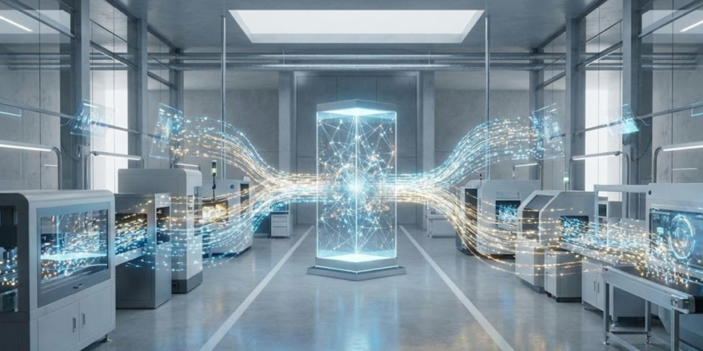 Sistemas inteligentes integrando máquinas industriais em ambiente fabril moderno, com fluxo de dados em tempo real conectando equipamentos, aumentando performance, eficiência e controle dos processos.