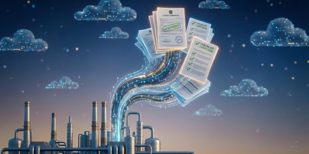 Automação e compliance industrial representados por uma planta industrial conectada a fluxos digitais de dados que se transformam em documentos de auditoria e licenças aprovadas, simbolizando monitoramento contínuo, rastreabilidade e conformidade ambiental orientada por sistemas automatizados.