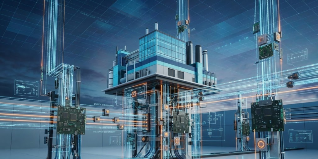 Engenharia no ESG industrial aplicada à automação e controle de processos, mostrando uma planta industrial digitalizada com sensores, placas eletrônicas e fluxos de dados integrados, representando eficiência energética, monitoramento contínuo e tomada de decisão sustentável.