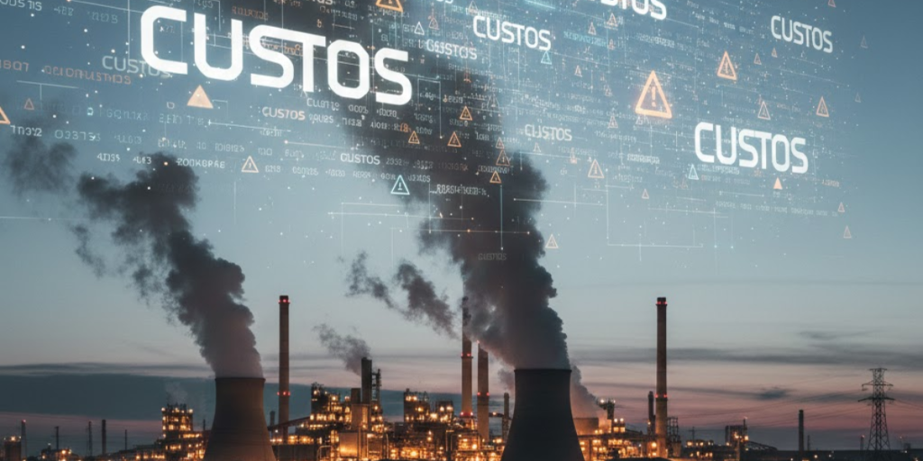 Custo invisível da poeira industrial representado por uma planta industrial com chaminés emitindo particulados, sobreposta por camadas digitais com alertas e a palavra “custos”, simbolizando perdas financeiras, riscos operacionais e impactos ambientais não monitorados.