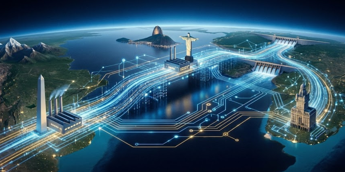 Representação tecnológica do Mercosul com paisagens do Brasil, Argentina, Paraguai e Uruguai conectadas por linhas digitais, simbolizando automação e engenharia na integração de cadeias produtivas.