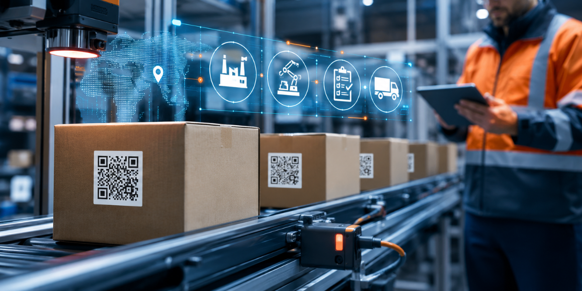 Imagem de linha de produção automatizada com caixas identificadas por QR codes, sensores industriais e operador monitorando conformidade e rastreabilidade industrial em tablet.