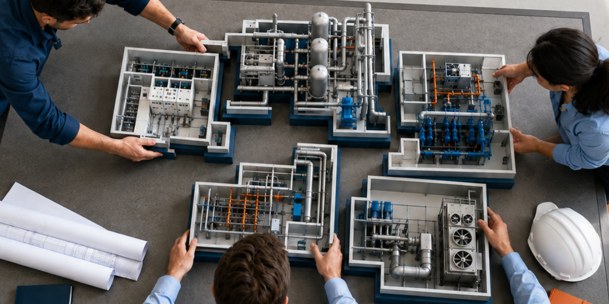 Empresa de engenharia industrial em reunião técnica, com profissionais integrando módulos de uma planta industrial em miniatura, representando automação, sistemas elétricos, tubulações, ventilação e planejamento de processos.