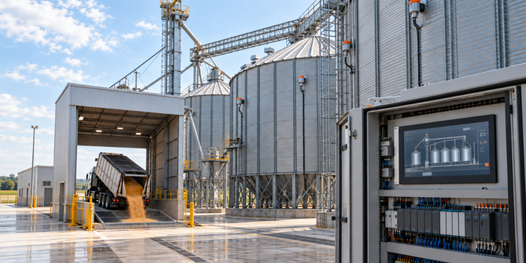 Indústria 4.0 no agronegócio com silos automatizados, painel elétrico com CLP e caminhão descarregando grãos em unidade de armazenagem.